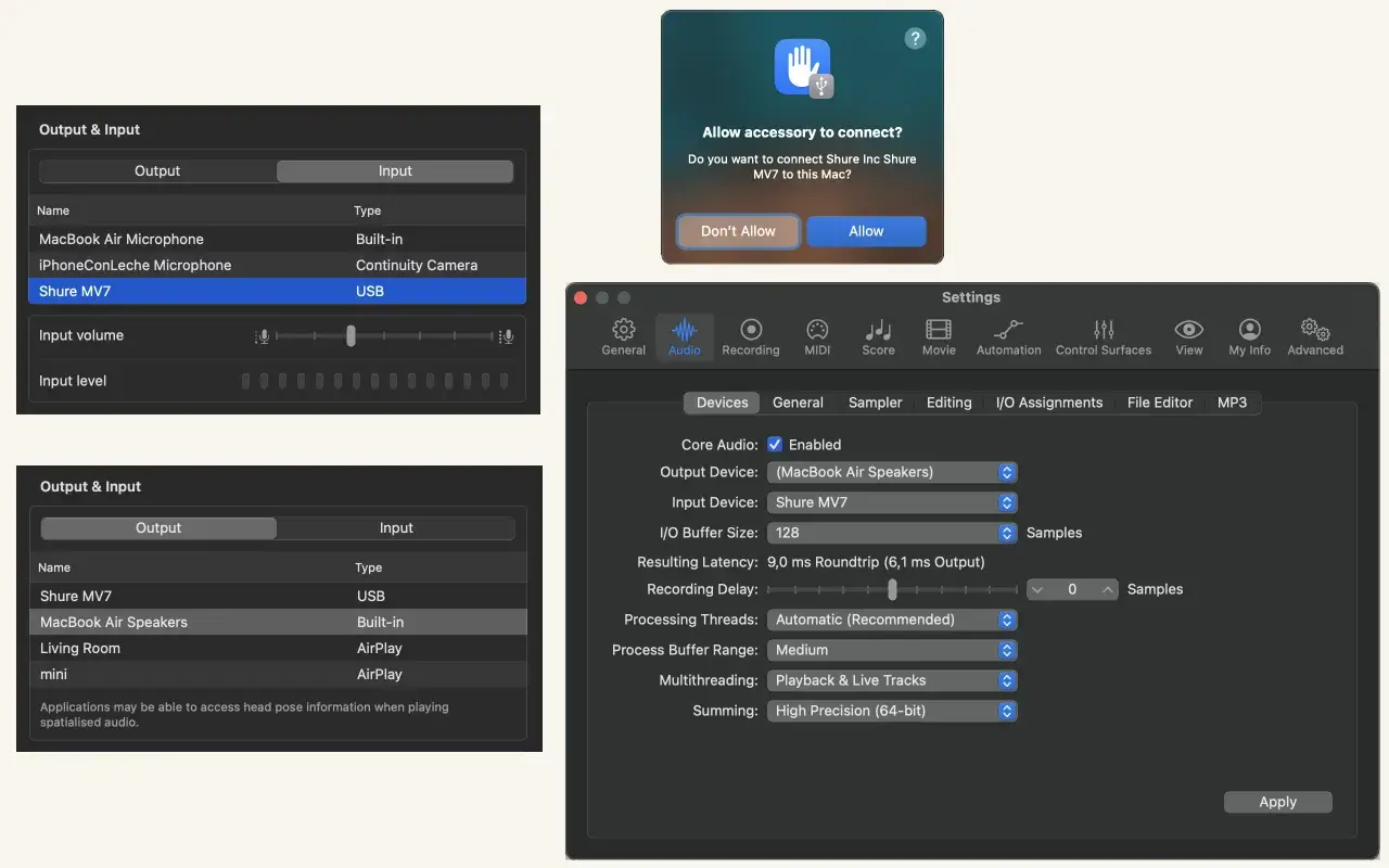 Hier sieht man eine Collage von Dialogen, die auf dem Mac in den Einstellungen zu sehen sind, wenn man das Mikrofon anschlie&szlig;t